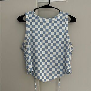 Blue and White Checkered Sleeveless Keyhole Back Top
